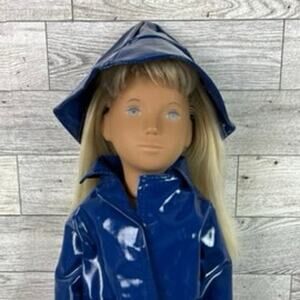 SASHA DOLL GIRL Blonde Hair Blue Raincoat Hat Boots Vintage Outfit Set